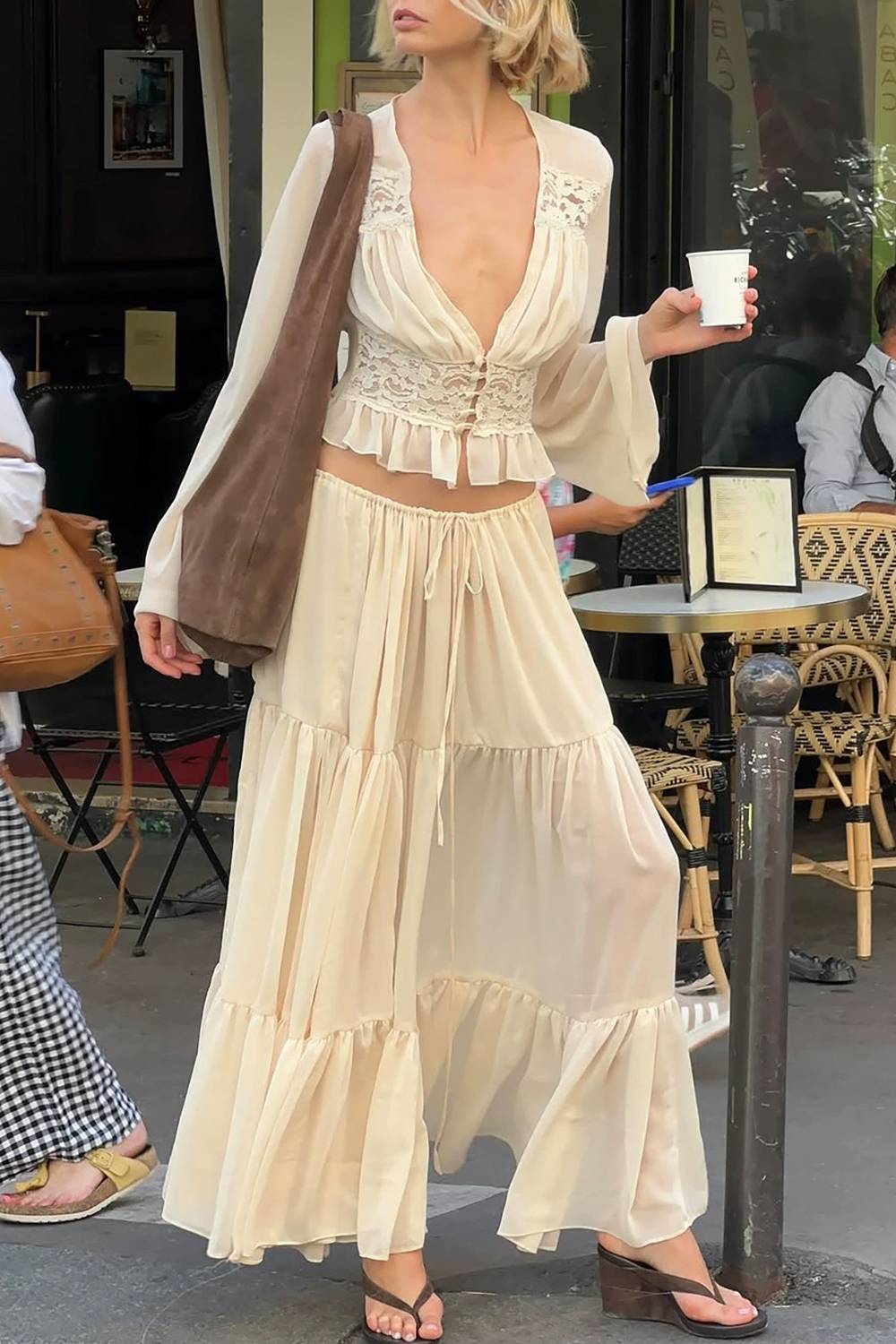 Zweiteiliges Set aus Spitzentop und Rock mit Patchwork im Bohème-Resortstil