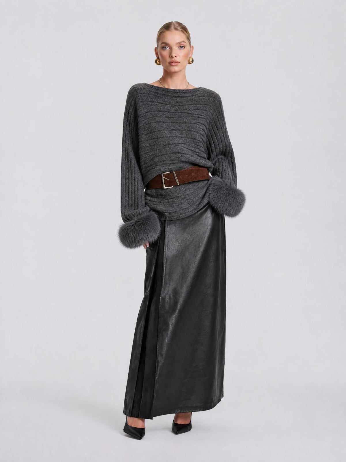 LikeMyChoice Women Off Shoulder Furry Cuff Knit Sweater