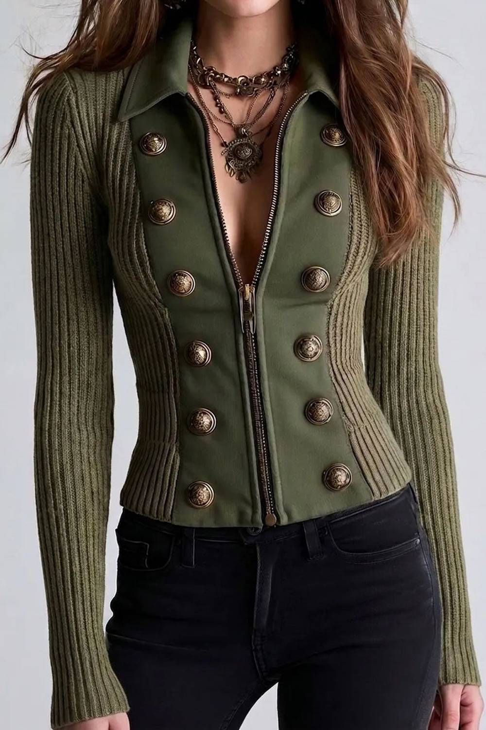 Collared Zip Front Fitted Jacket with Decorative Military Buttons