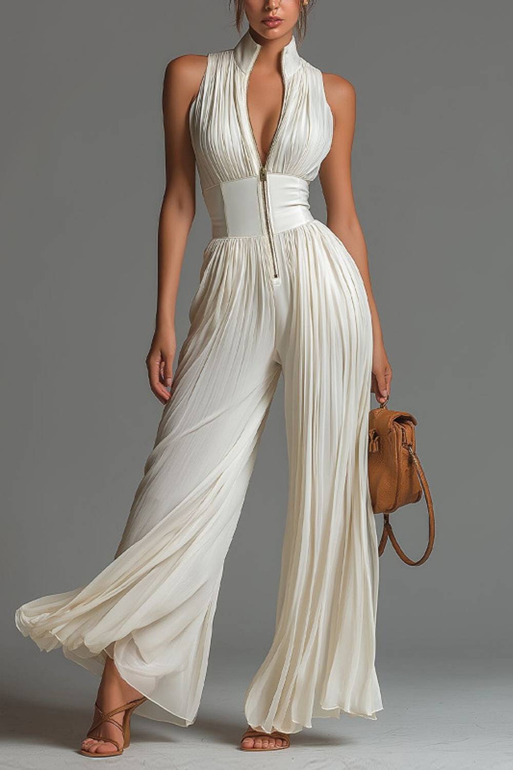 Ärmelloser Jumpsuit mit weitem Bein, Stehkragen und halbem Reißverschluss
