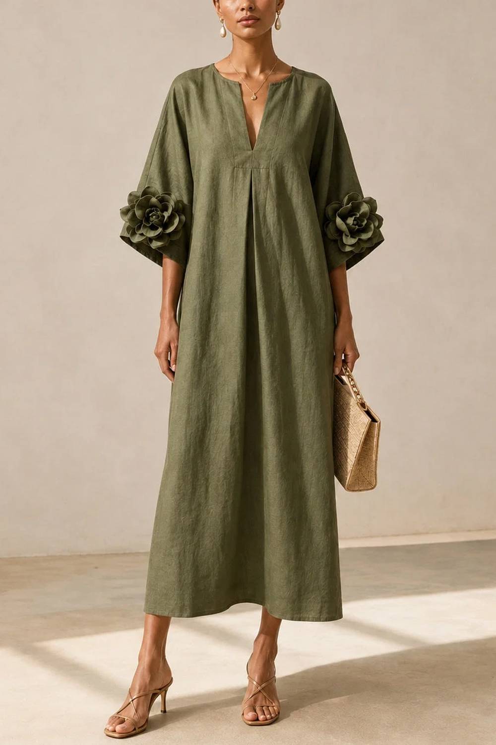 Notch V‑Neck 3D Floral Cuff Loose Midi Dress