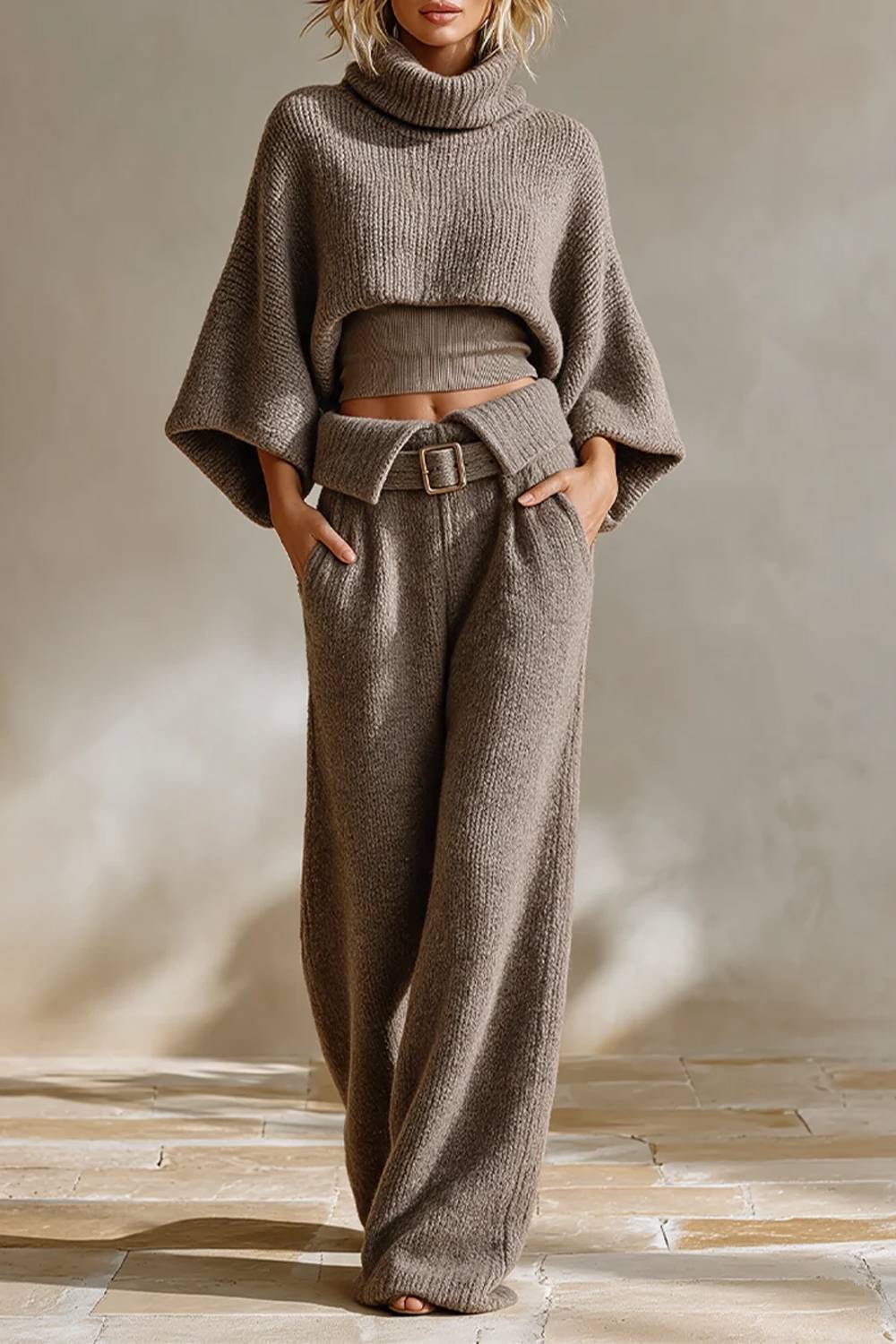 Zweiteiliges Set aus kurzem Strickpullover mit Rollkragen und Fledermausärmeln und Hose mit weitem Bein und Gürtel