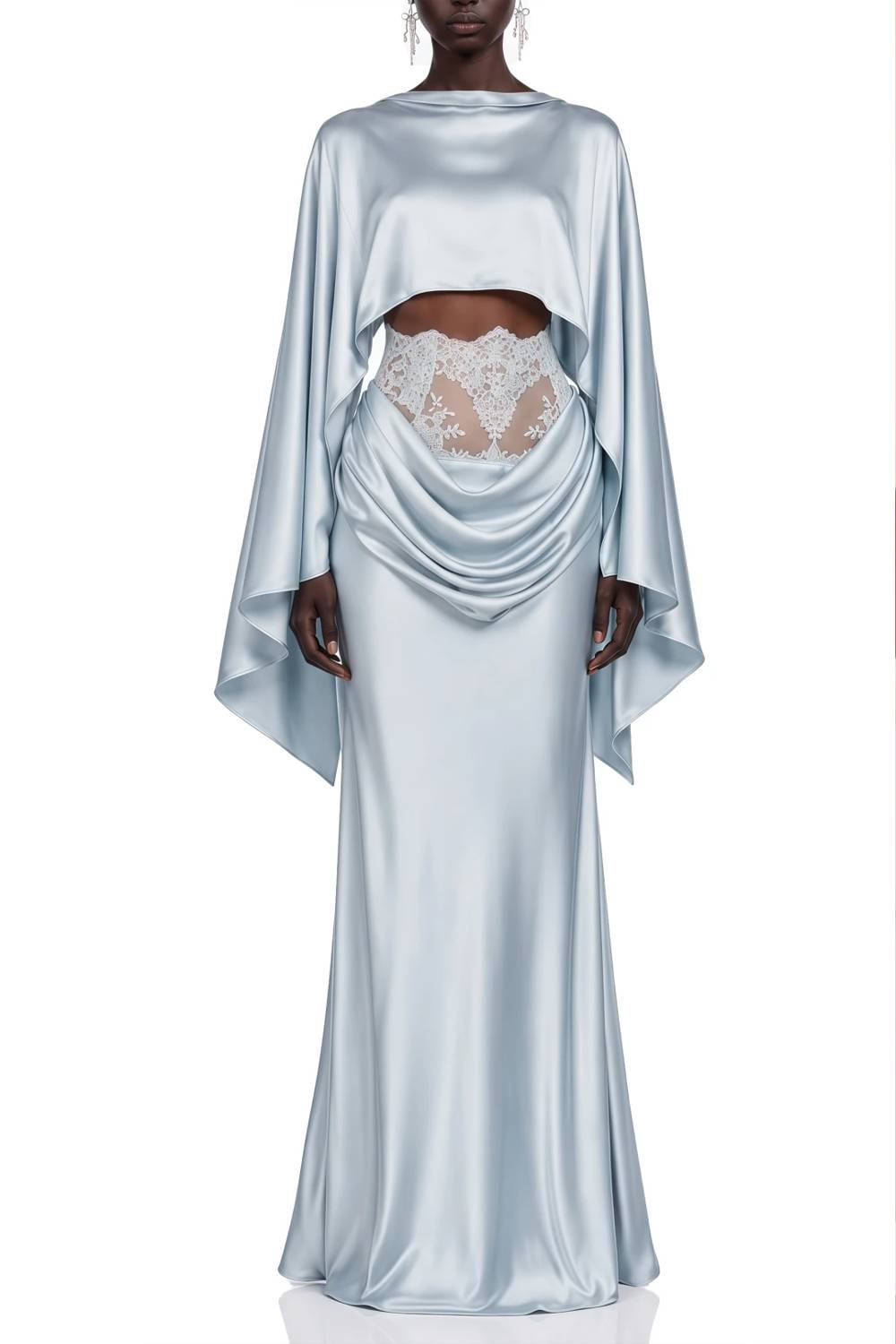 Zweiteiliges Set aus Satin-Crop-Top mit Capeärmeln und drapiertem Mermaid-Maxirock mit Spitzeneinsatz an der Taille