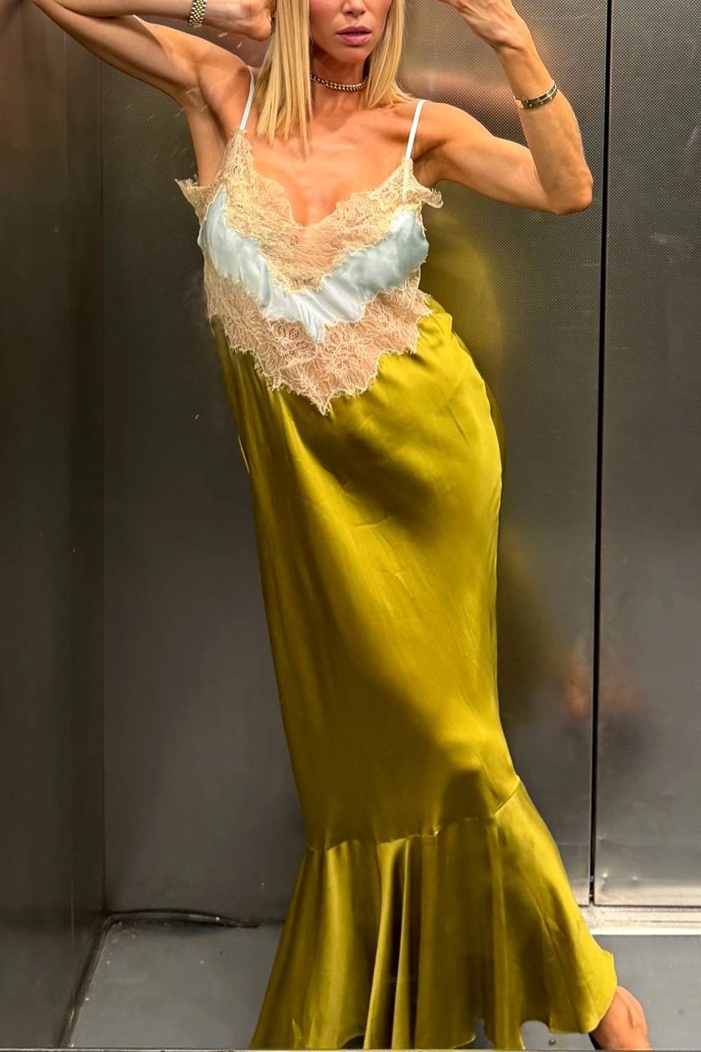 Women Satin Slip Lace Spliced Mermaid Maxi Dress