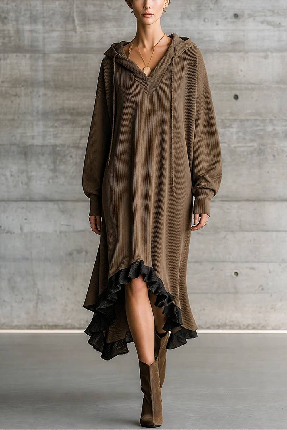 Vestido midi con capucha, escote en V y volantes asimétricos