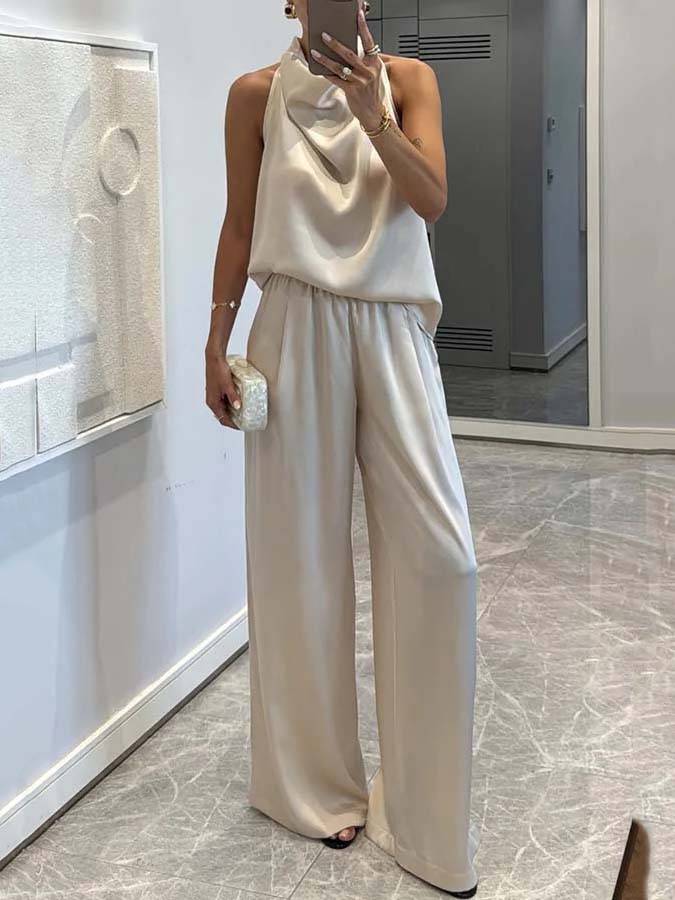 Elegant Halter Neck Swing Collar Top And Wide Leg Pants Suit-Pants