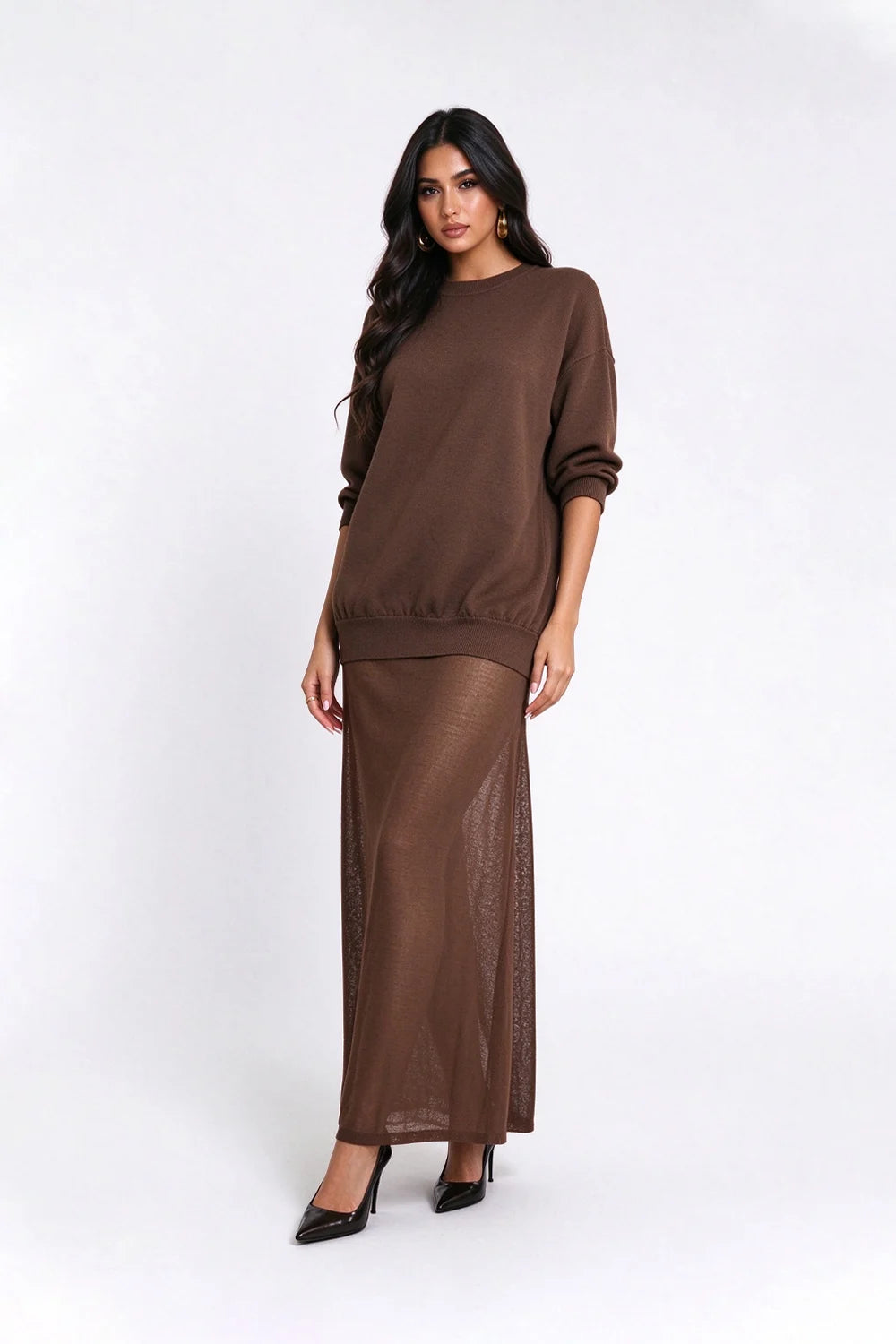 Knit Crew Neck Drop Shoulder Sheer Skirt Maxi Dress