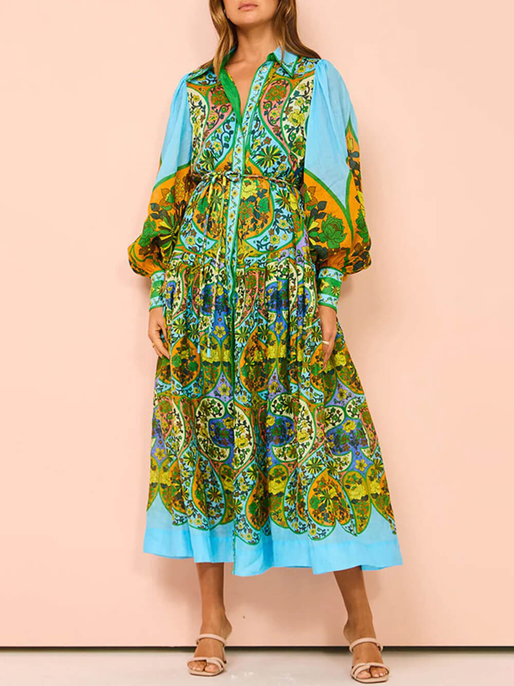 Robe cardigan à imprimé ethnique, à revers à lacets et manches longues