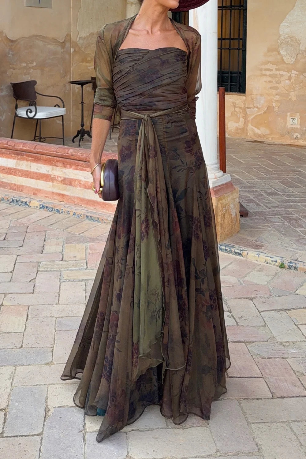 Strapless Ruched Crop Top and Flowing Maxi Skirt Floral Two Piece Set