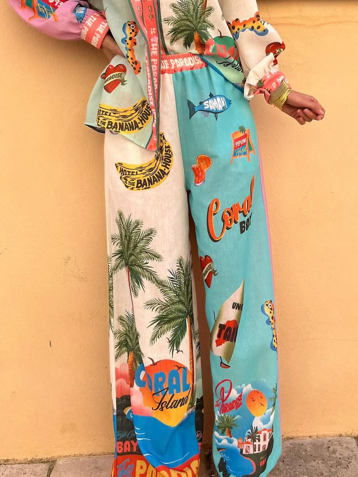 Einzigartige Wide-Leg-Hose mit Inselprint im Resort-Stil und elastischer Taille