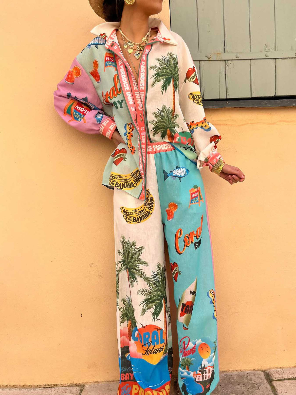 Einzigartige Wide-Leg-Hose mit Inselprint im Resort-Stil und elastischer Taille