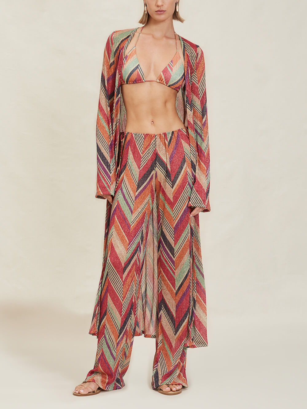 Abito cardigan midi da resort con stampa geometrica e maniche a campana