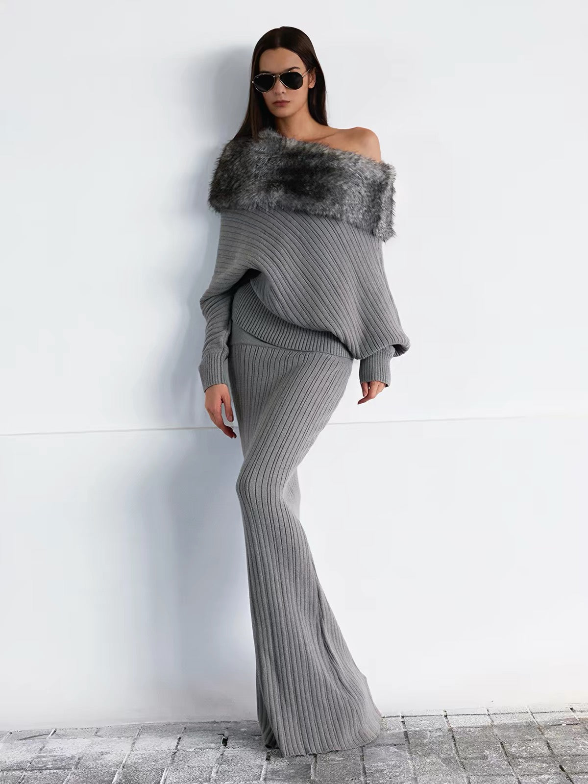 Gray Off-Shoulder Faux Fur Trim Knit Sweater & Mermaid Skirt Set