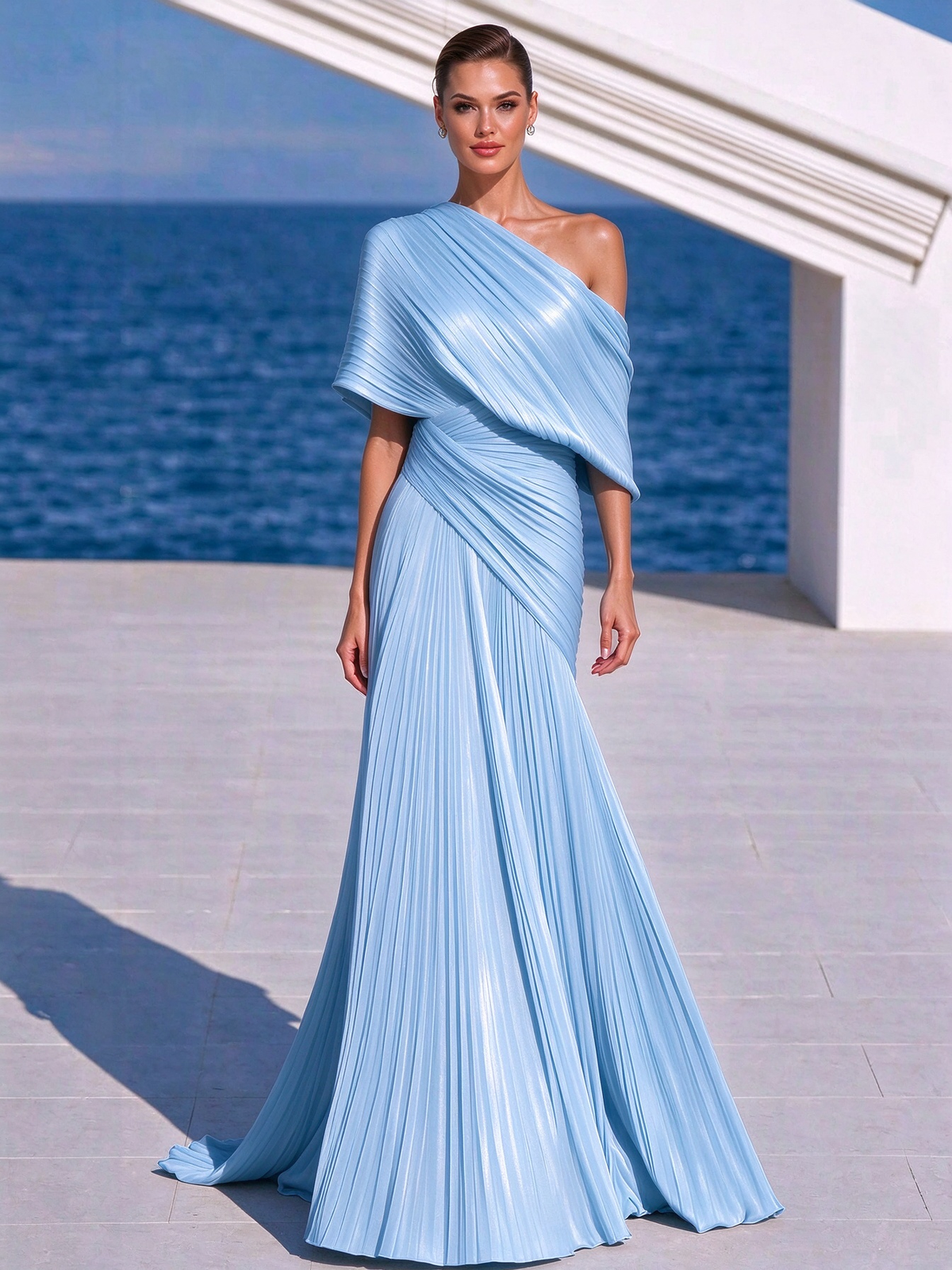 Vestido largo plisado naranja vibrante de un solo hombro – vestido de estilo griego