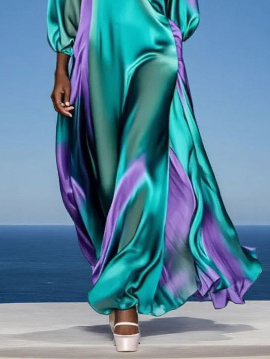 Luxuriöses Satin-Maxikleid mit Farbverlauf und V-Ausschnitt