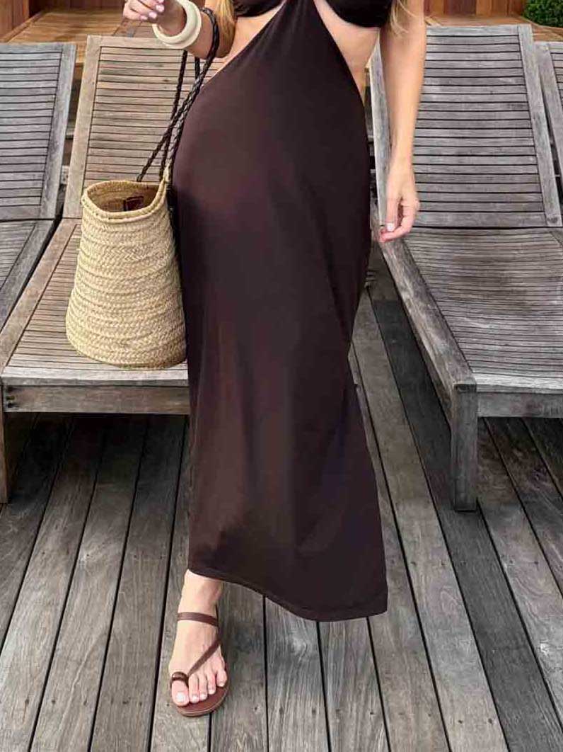 Halter-Neck Brown Bikini And Openwork Long Cover-Up Set