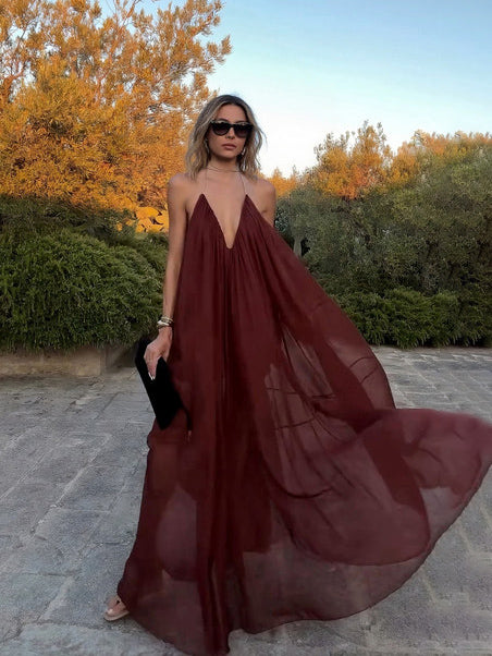 Elegant V-neck Chiffon Flowy Maxi Dress