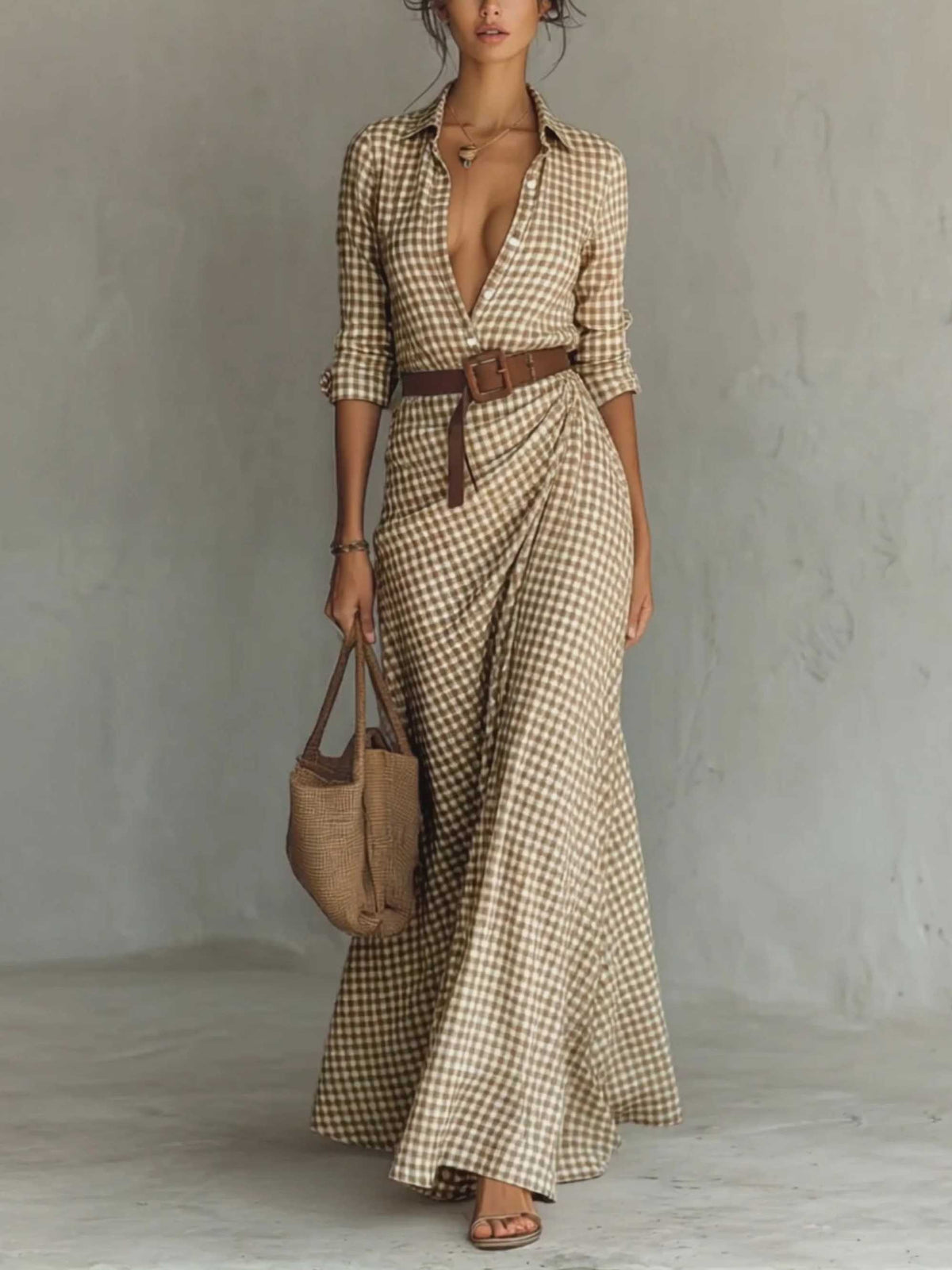 Abito maxi classico scozzese con colletto a camicia