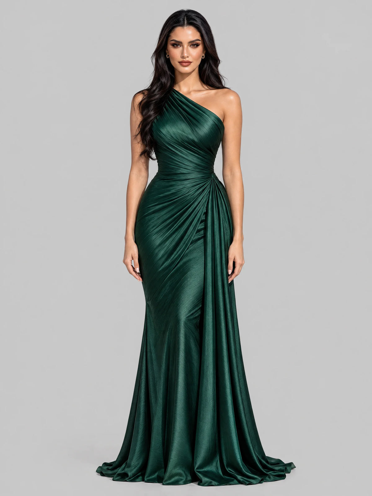 Emerald Green One Shoulder Ruched Satin Maxi Dress Elegant Evening Gown