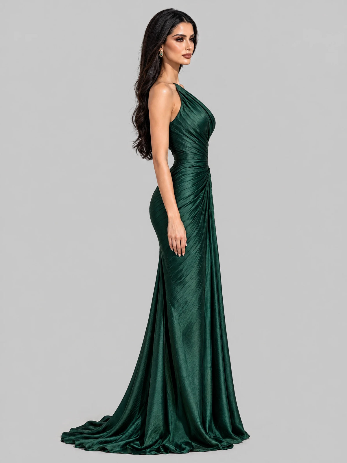 Emerald Green One Shoulder Ruched Satin Maxi Dress Elegant Evening Gown
