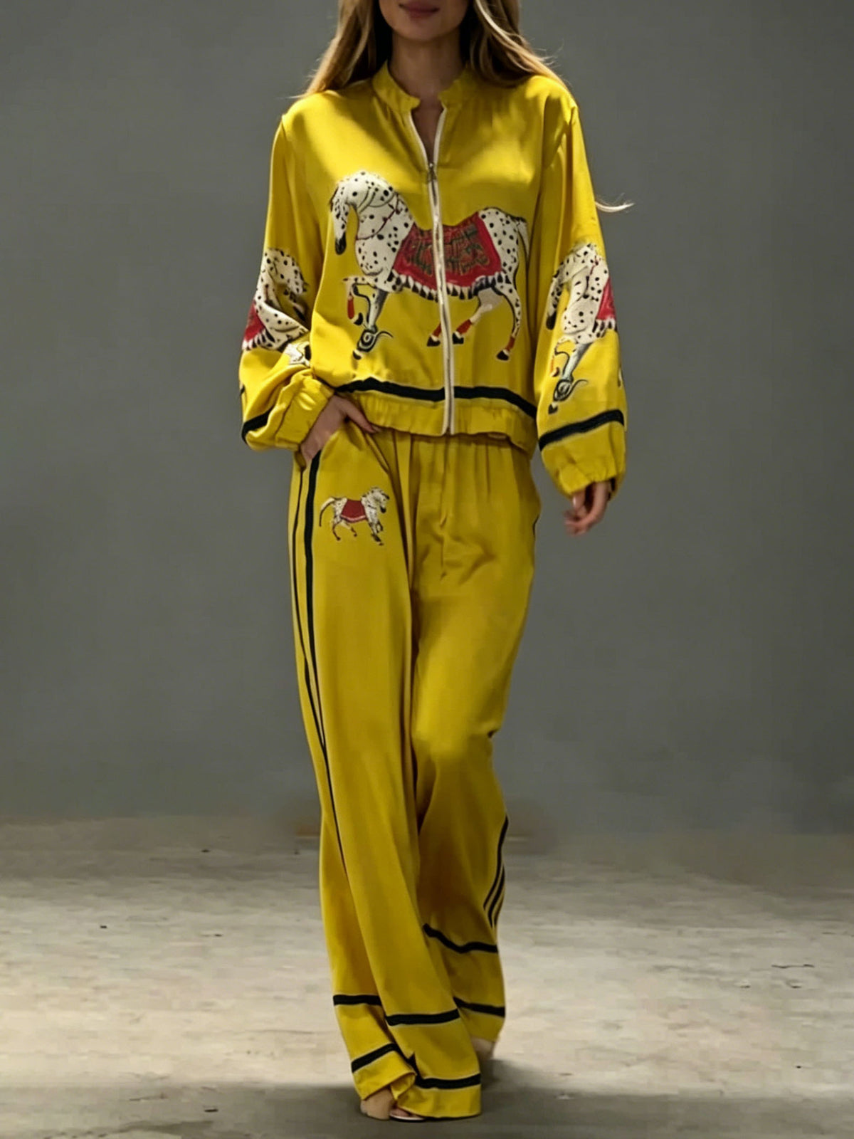 Exquisite Satin Horse Print Wide-Leg Pants