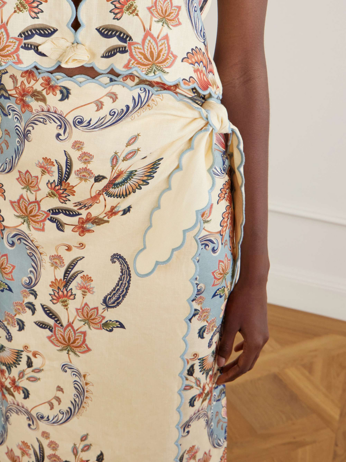 Vintage Chinoiserie Print Two-Piece Set – Scalloped Edge Frog-Closure Top & Wrap Midi Skirt
