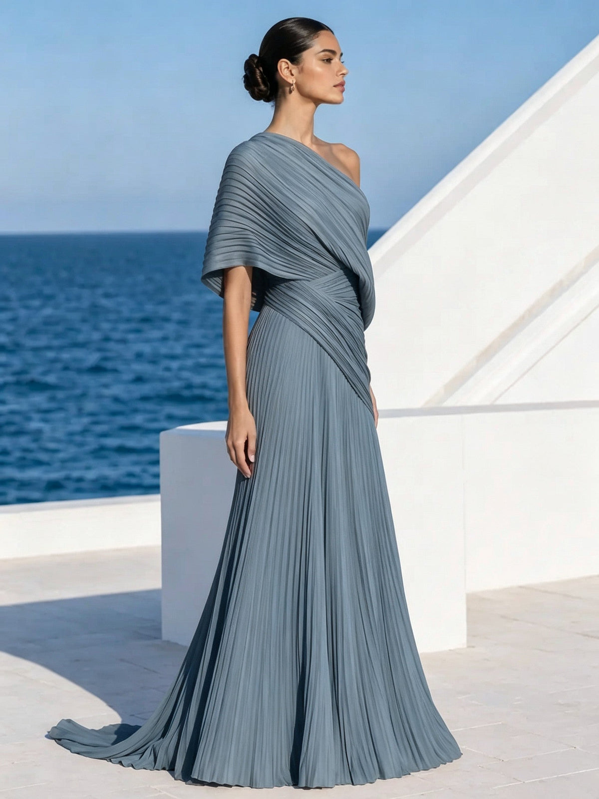 Vestido largo plisado naranja vibrante de un solo hombro – vestido de estilo griego