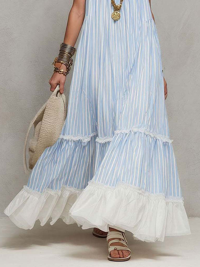 Casual Striped Spaghetti Strap Ruffle Tiered Maxi Dress