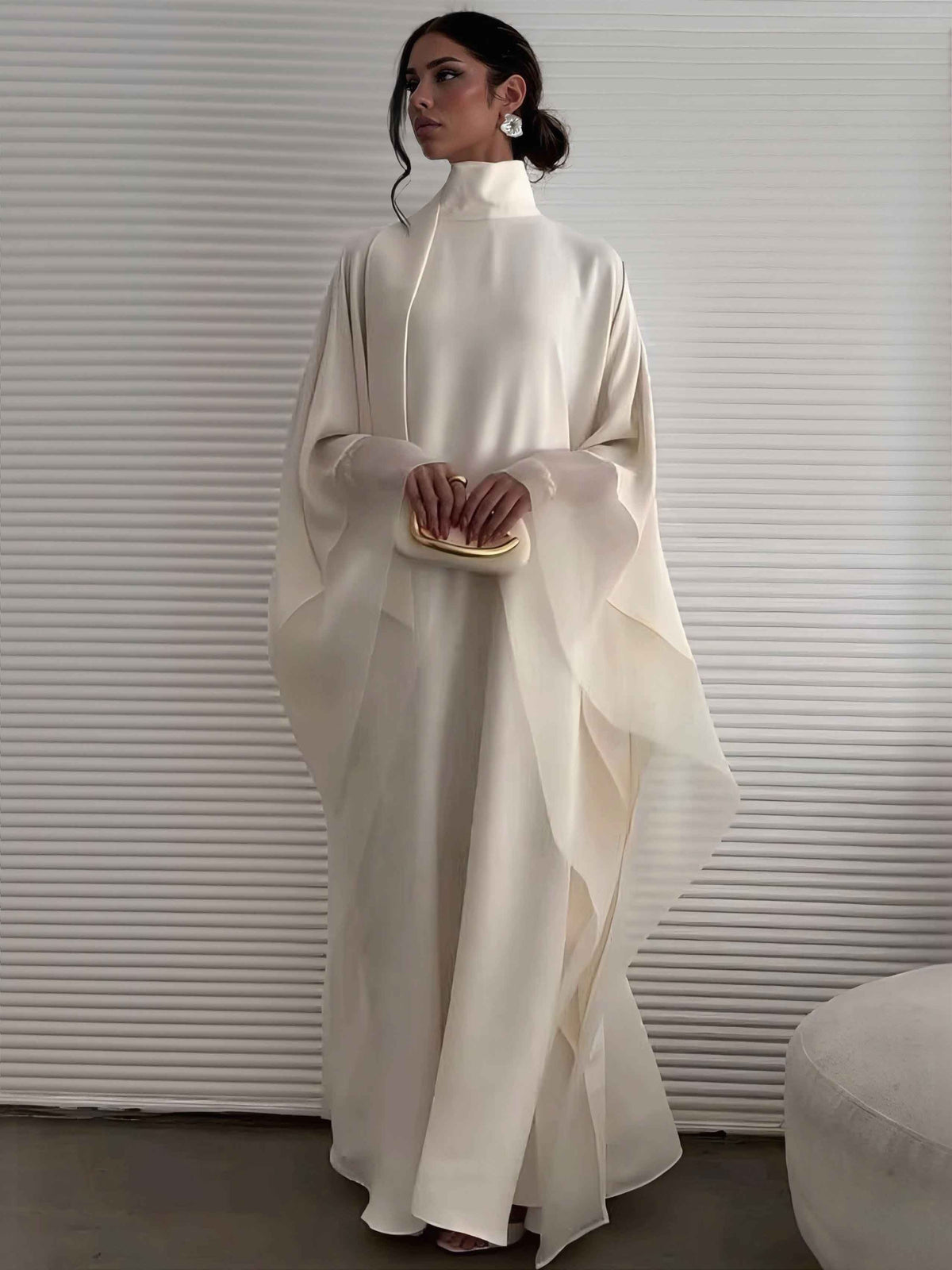 Elegant High-Neck Flowing Cape Maxi Dress