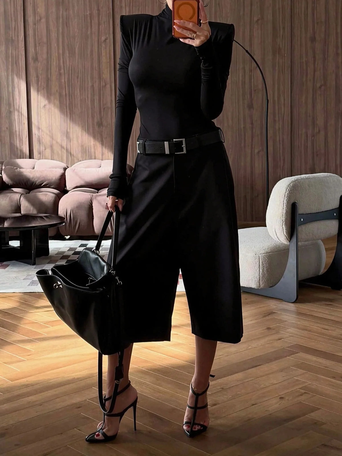 Women's Black Padded Shoulder High Neck Long Sleeve Top and Bermuda Shorts Two Piece Set