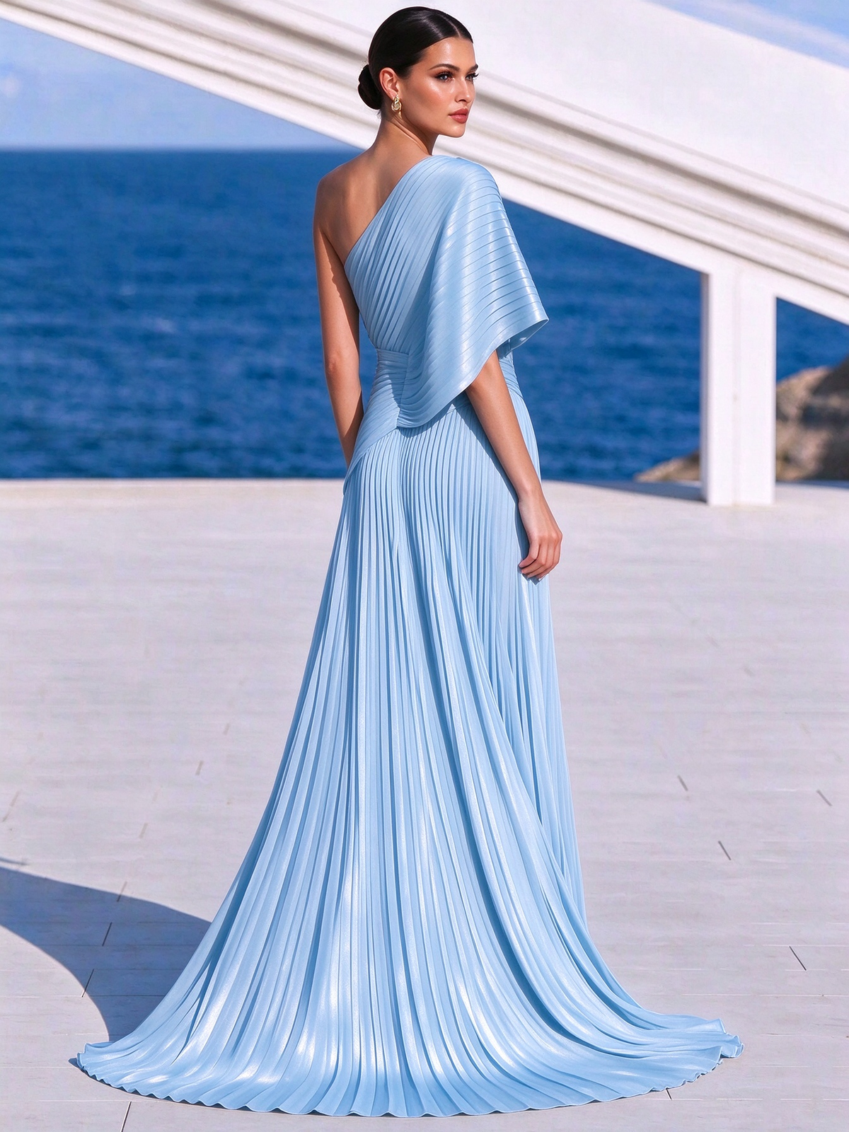 Vestido largo plisado naranja vibrante de un solo hombro – vestido de estilo griego