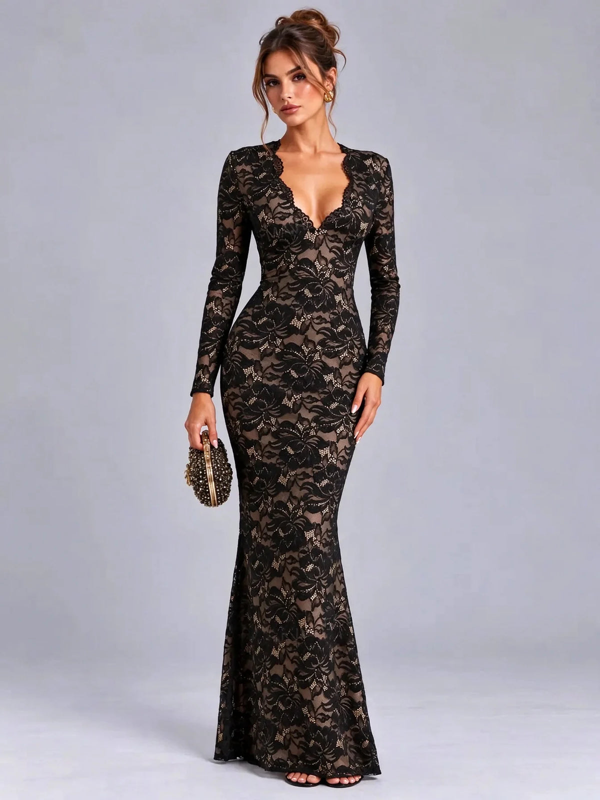 Black Floral Lace Plunge Neck Long Sleeve Maxi Evening Dress