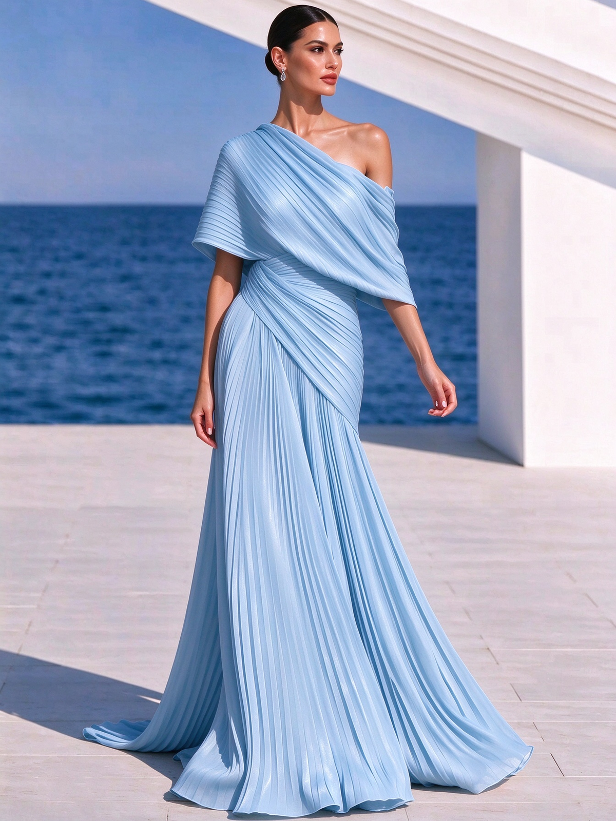 Vestido largo plisado naranja vibrante de un solo hombro – vestido de estilo griego