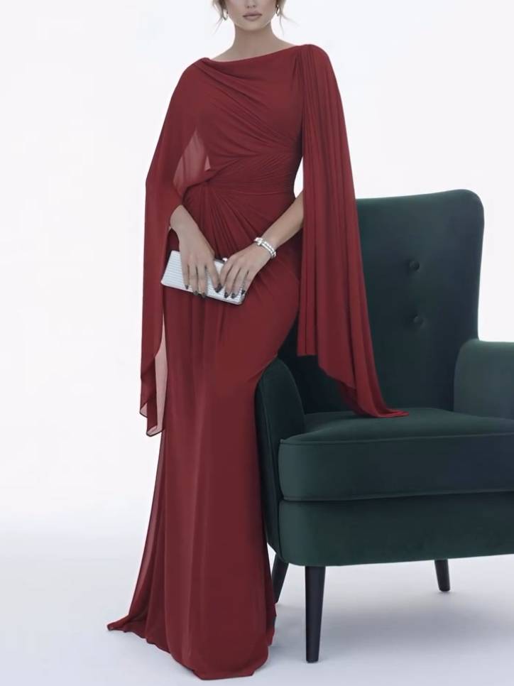 Robe longue ajustée à col bateau et plis