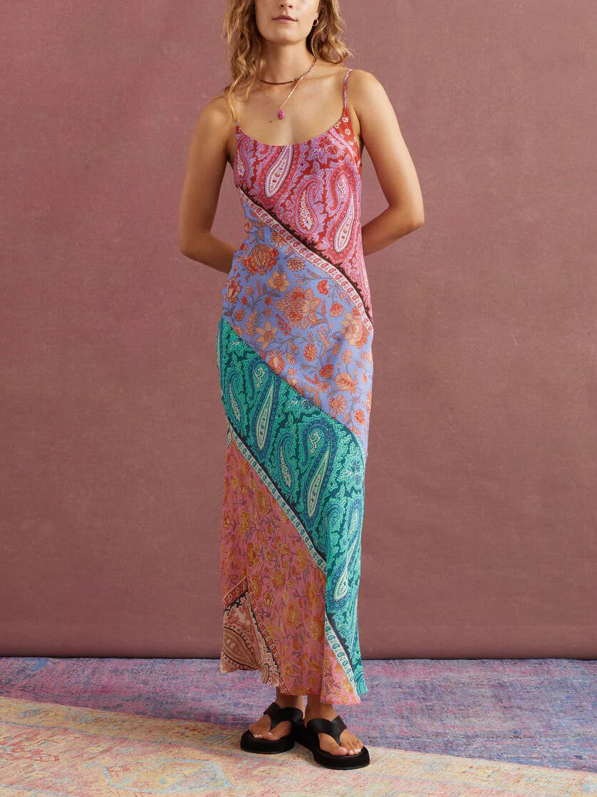 Vestido largo sexy con cuello en U, espalda descubierta, estampado bosnio y tirantes