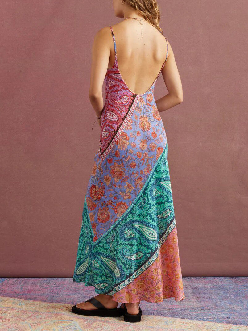 Vestido largo sexy con cuello en U, espalda descubierta, estampado bosnio y tirantes