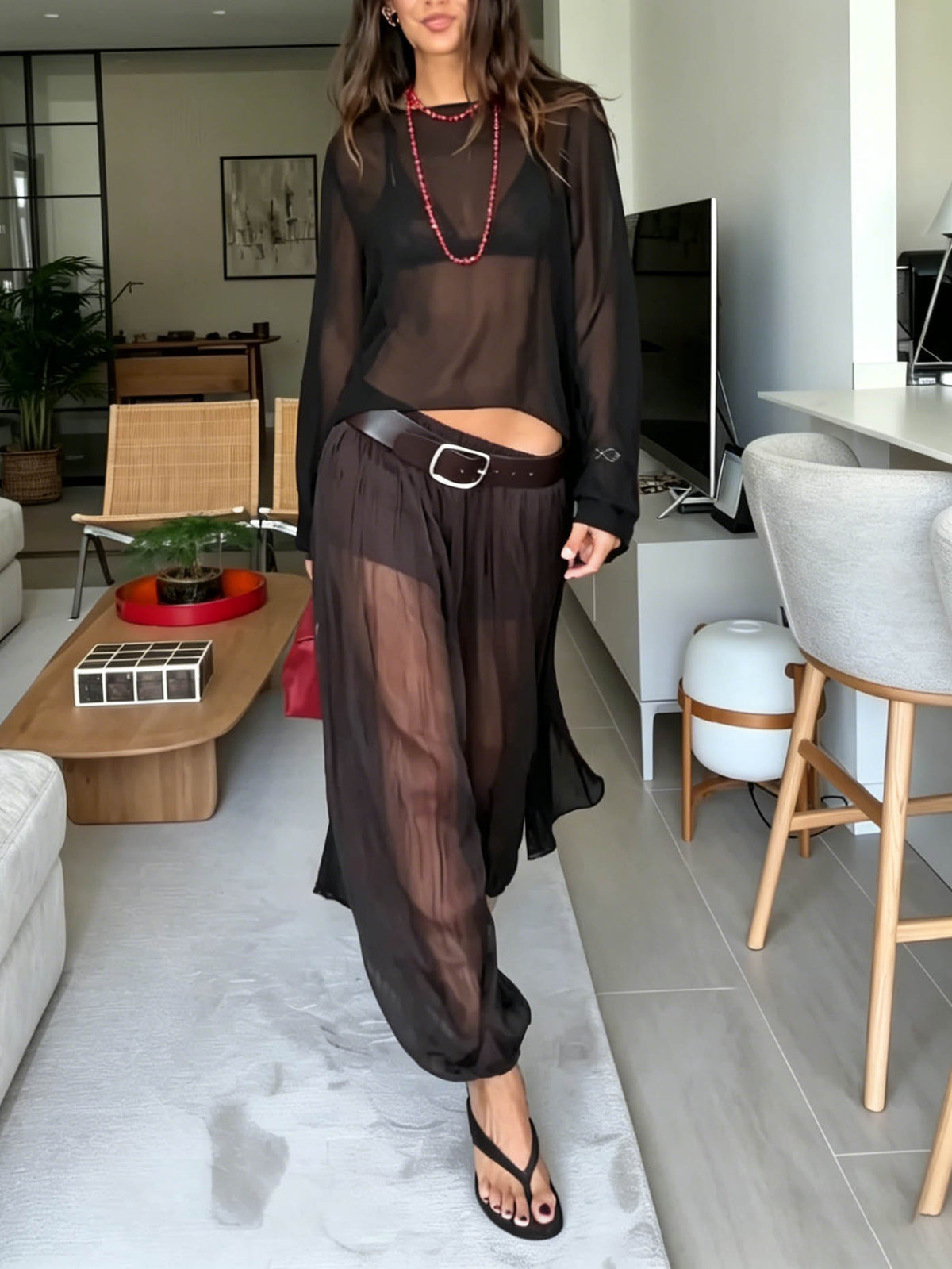 Sexy Sheer Mesh Long Sleeve Top & Harem Pants Two-Piece Set