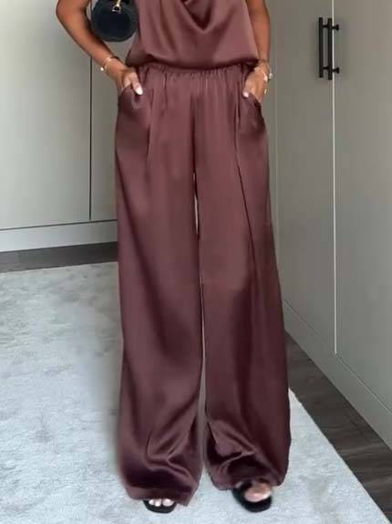 Elegant Halter Neck Swing Collar Top And Wide Leg Pants Suit-Pants