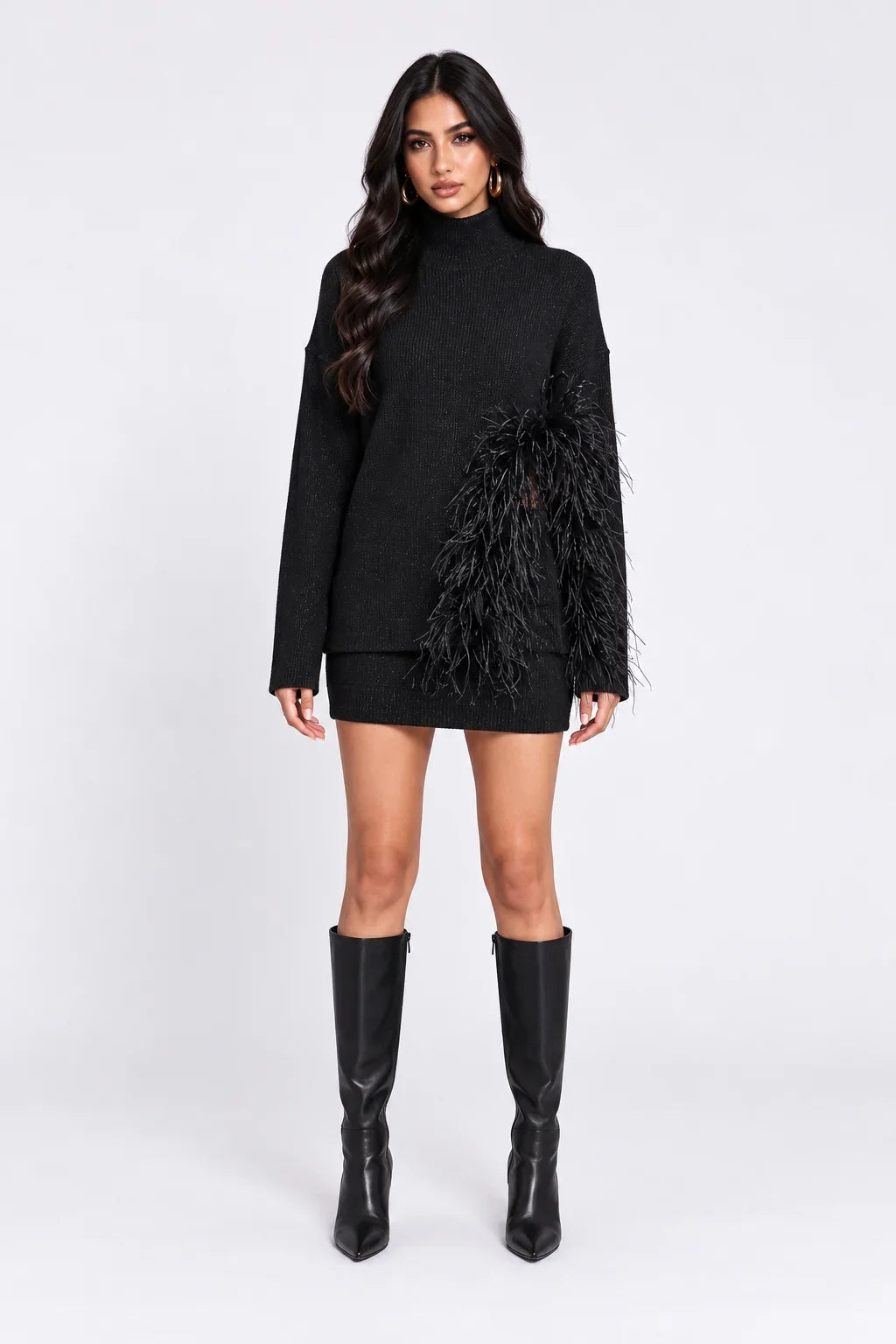 Feather Trim Mock Neck Knit Sweater and Mini Skirt Two Piece Set [erp-image:62cdd598a358ca4516fc9a7e]