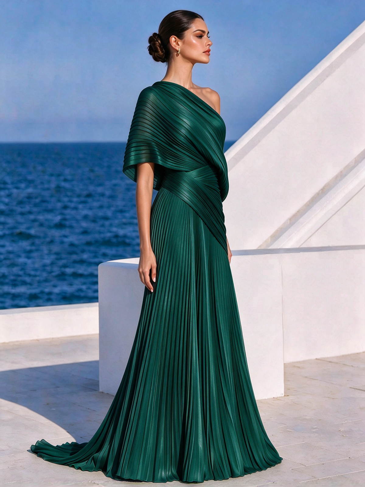 Vestido largo plisado naranja vibrante de un solo hombro – vestido de estilo griego