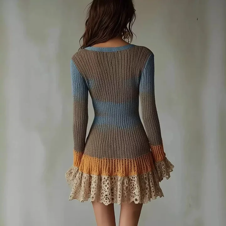 Color Block Knit Mini Dress Deep V Neck Long Sleeve Lace Ruffle Hem Bodycon Dress