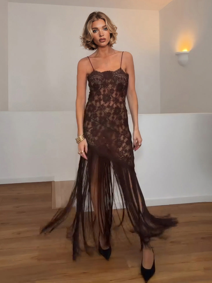 Elegant Lace Overlay Tassel-Hem Maxi Dress