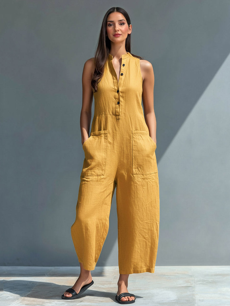 Casual Button-Front Sleeveless Loose Jumpsuit