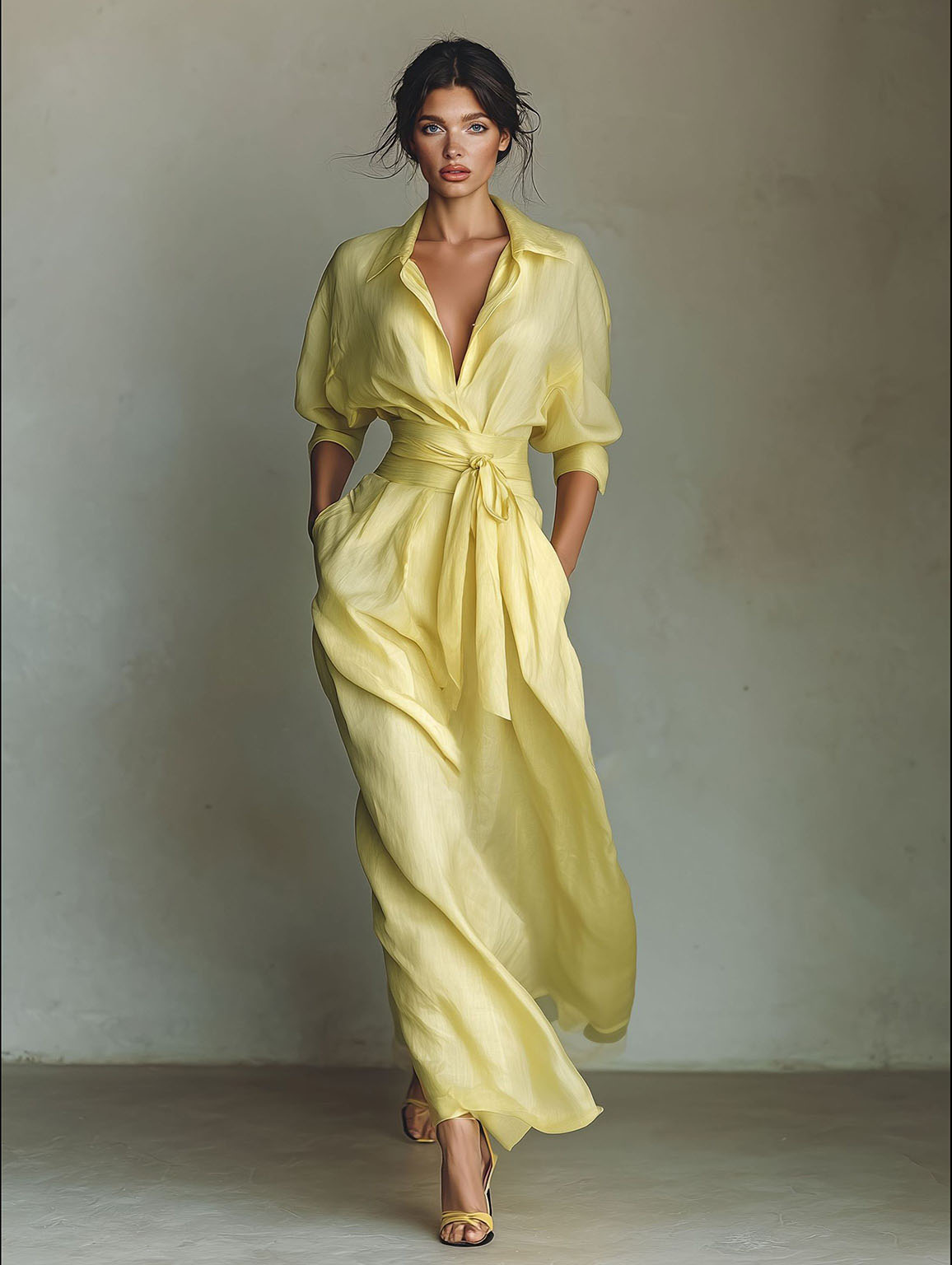 Vestido maxi casual tipo camisa com cintura ajustável por atilho