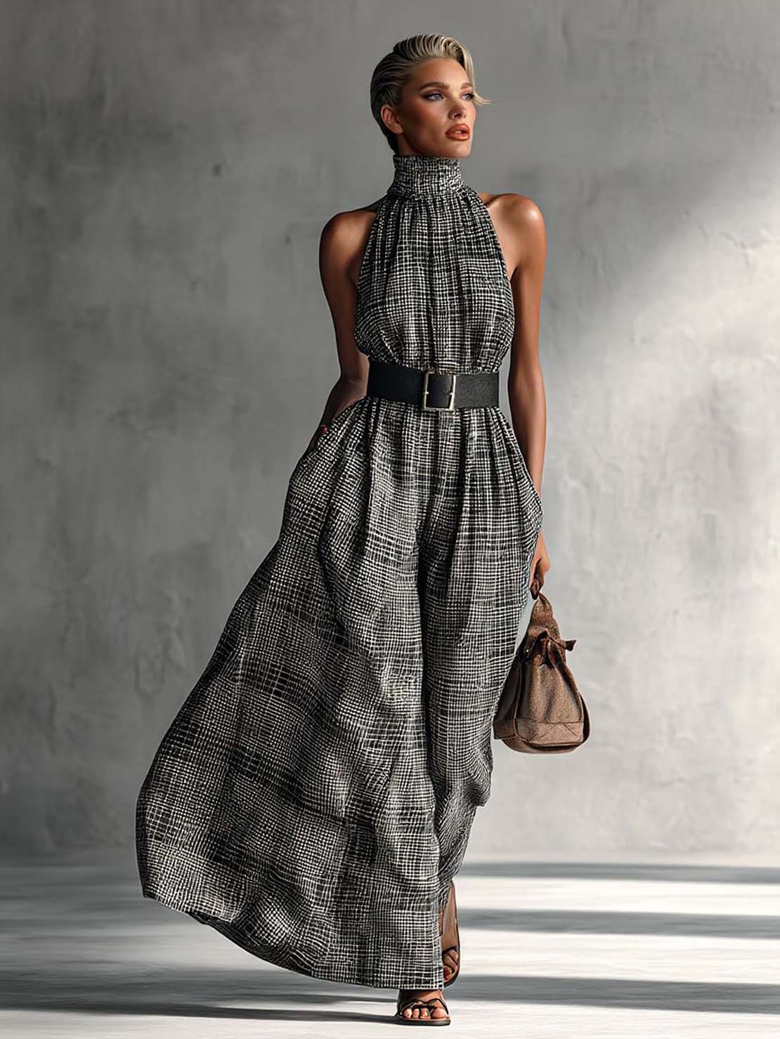 Black And White Plaid Sleeveless Mid-length Dress