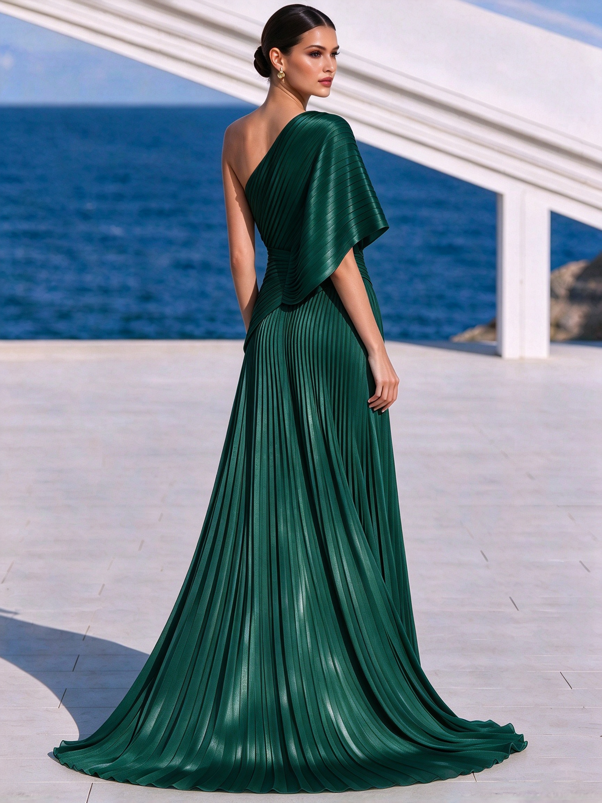 Vestido largo plisado naranja vibrante de un solo hombro – vestido de estilo griego