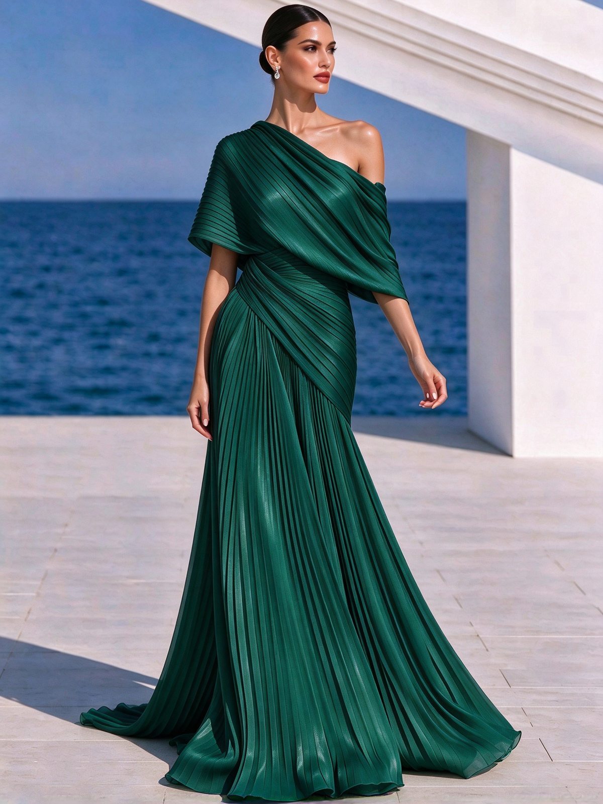 Vestido largo plisado naranja vibrante de un solo hombro – vestido de estilo griego