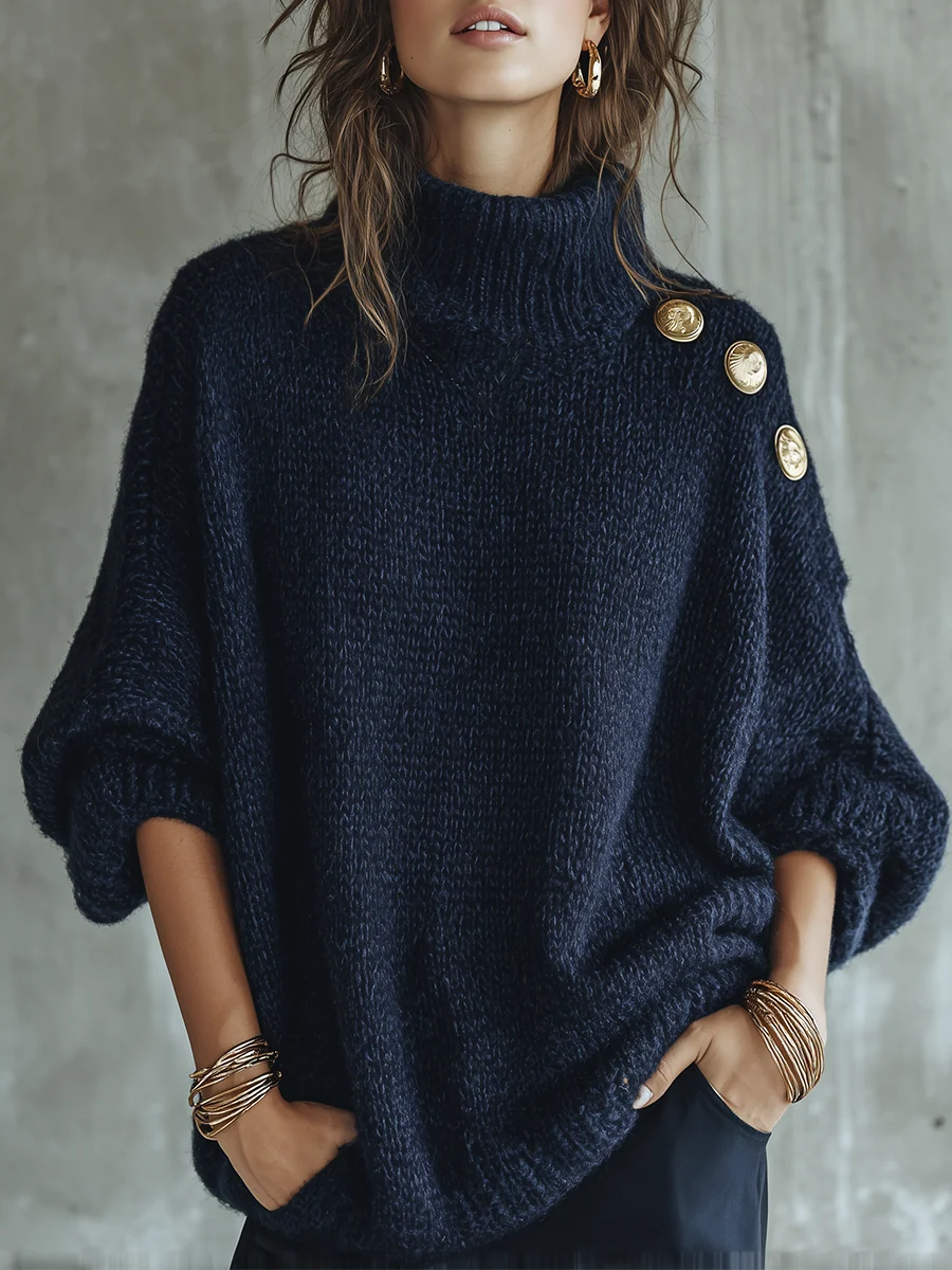 Camisola casual azul-marinho com botões dourados