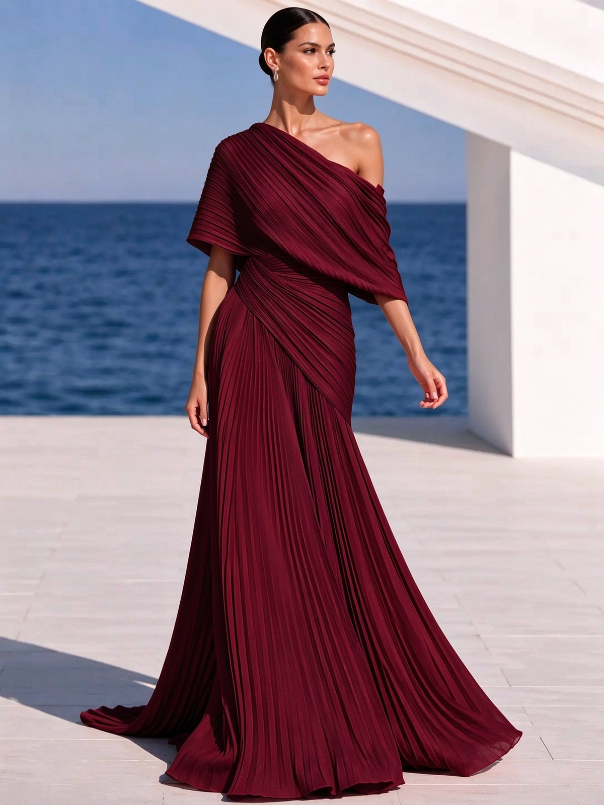 Vestido largo plisado naranja vibrante de un solo hombro – vestido de estilo griego