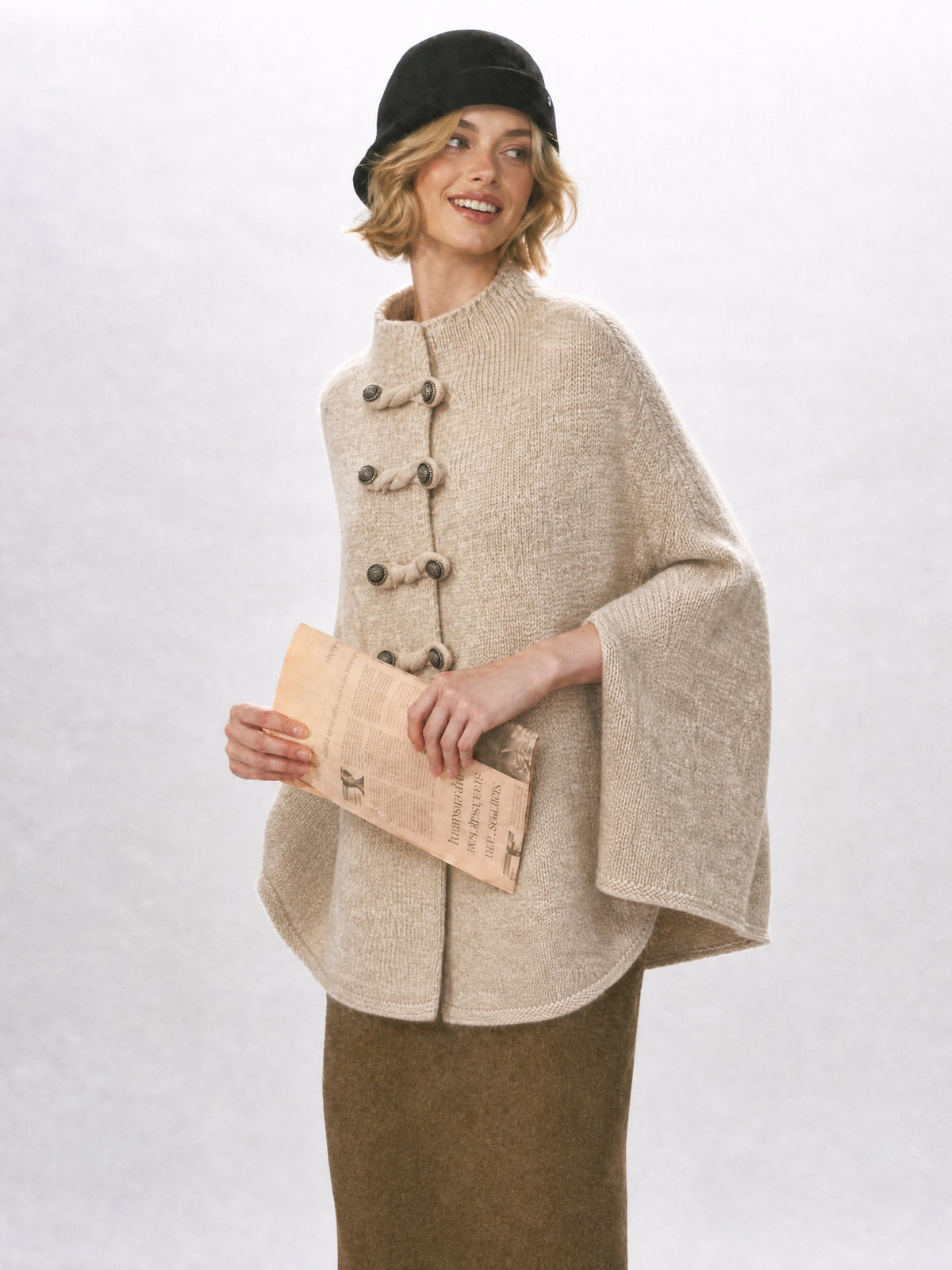 LikeMyChoice Quiet Luxury Knit Cape Sweater Women Stand Collar Frog Button Poncho Cardigan Fall Winter Elegant Knit Cloak Coat